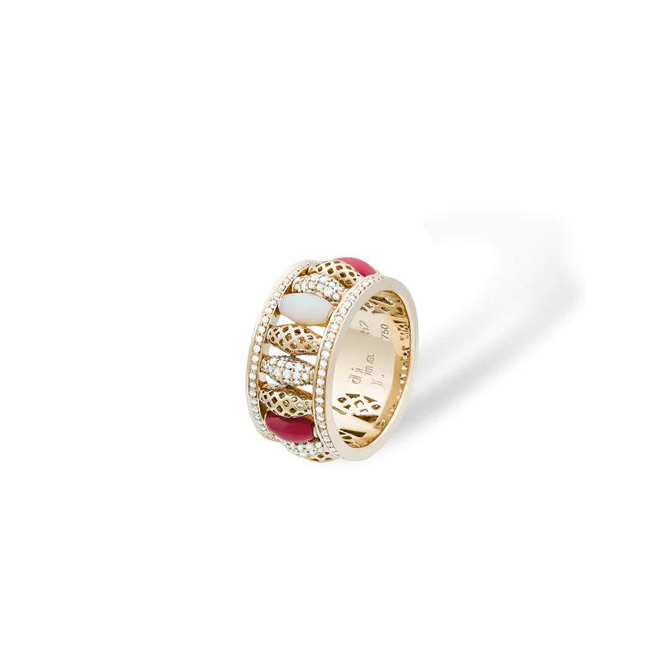Red Coral and Mother of Pearl Diamond Happiness Valentine Ring