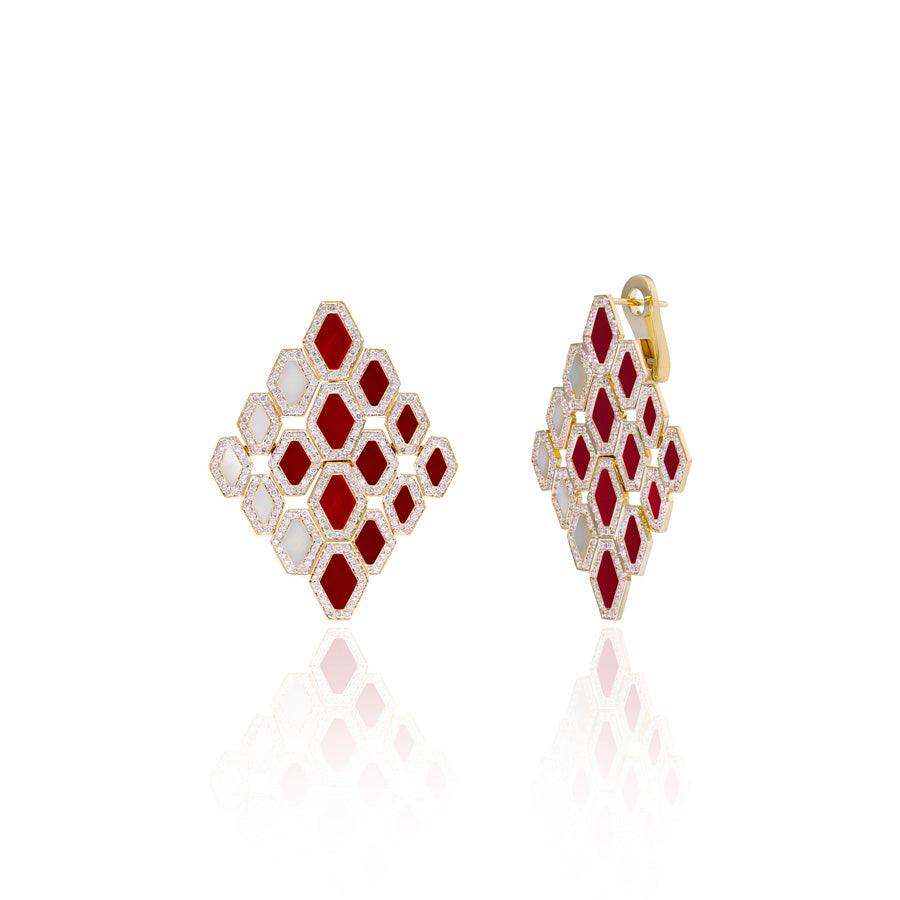 Red Coral and Mother of Pearl Diamond Happiness Dame Earrings